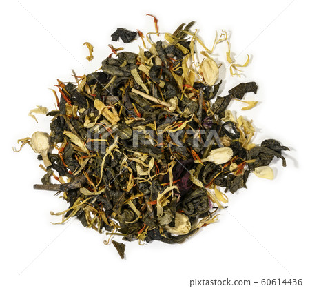 Green tea with aromatic additives. Top view on white background Green tea with aromatic additives. Top view on white background 60614436