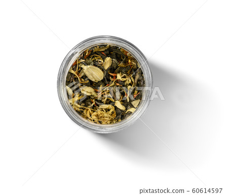 Green tea with aromatic additives. Top view on white background 60614597