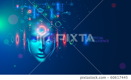 Artificial intelligence in the image of a wise woman. AI conceptual futuristic blue banner. Cybernetics mind analysis data. Neuron network processes information. Interface consists of computer icons. Artificial intelligence in the image of a wise woman. AI conceptual futuristic blue banner. Cybernetics mind analysis data. Neuron network processes information. Interface consists of computer icons. 60617445