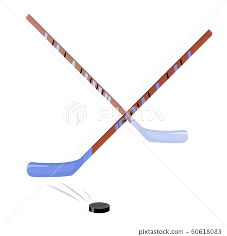Hockey sticks, red-blue, and black puck. Sports equipment. Vector Isolated Objects 60618083