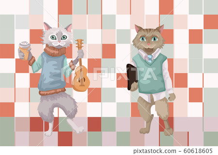 Two young guys, characters cats. The musician the creative person and a clever cat with the laptop. Two young guys, characters cats. The musician the creative person and a clever cat with the laptop. 60618605