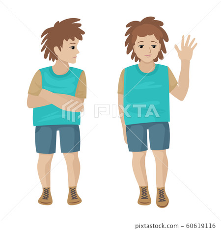Two poses of one boy child. Evil and kind. Offended and friendly. Vector character design 60619116