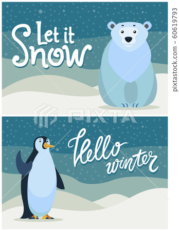 Winter Greeting Postcard Bear and Penguin Vector Winter Greeting Postcard Bear and Penguin Vector 60619793