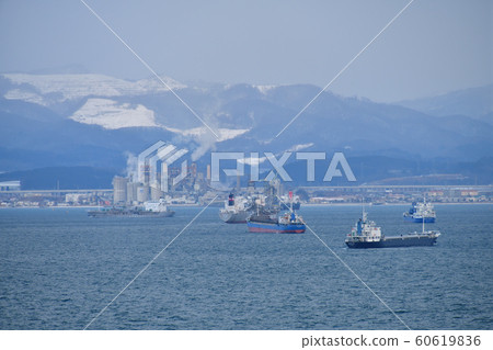 拍攝穿越北海道函館市函館灣的貨輪和渡輪的冬季風光 60619836