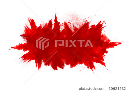 Freeze motion of red powder exploding, isolated on white background. Abstract design of red dust cloud. Particles explosion screen saver, wallpaper 60621282