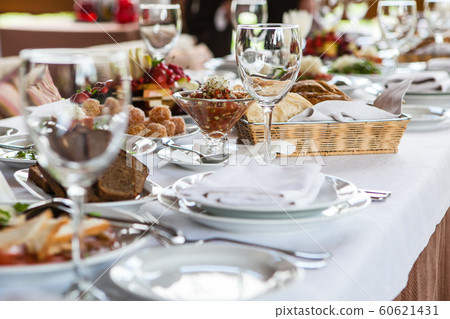 Served for banquet restaurant table with dishes, Served for banquet restaurant table with dishes, 60621431