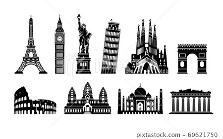 World famous buildings (remains, buildings, world heritage, landmarks) black and white illustration set