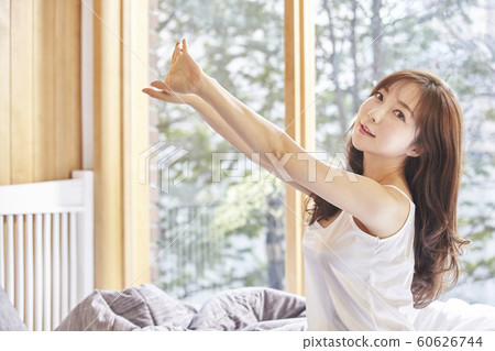Young woman, morning, stretching, laser, weather, bedroom, room, house, beauty Young woman, morning, stretching, laser, weather, bedroom, room, house, beauty 60626744
