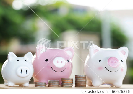 piggy bank family and money coin stacked on each other in different position on the wooden piggy bank family and money coin stacked on each other in different position on the wooden 60626836