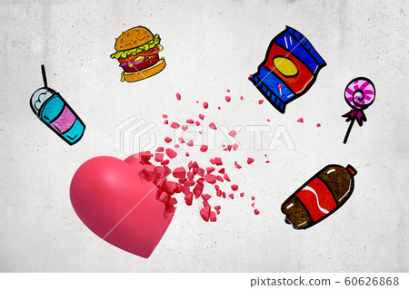 3d rendering of pink heart breaking into pieces on background of wall with hand-drawn pictures of fast food and carbonated drinks. 60626868