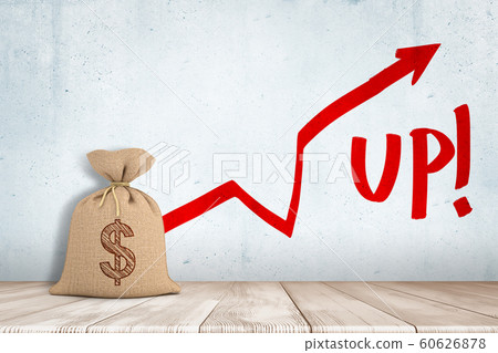 3d rendering of money bag with red arrow going up and 'Up' sign on white wall background 3d rendering of money bag with red arrow going up and 'Up' sign on white wall background 60626878