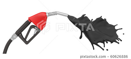 3d rendering of red and black fueling nozzle isolated on white background, splashing out strong jet of black liquid. 3d rendering of red and black fueling nozzle isolated on white background, splashing out strong jet of black liquid. 60626886