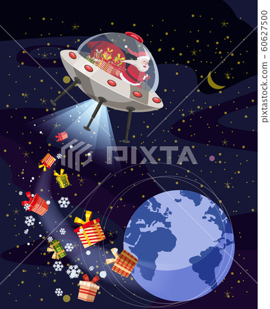 Merry Christmas Santa Claus flying in UFO spaceship flying saucer with gift boxes in space Earh night. Vector illustration isolated cartoon style Merry Christmas Santa Claus flying in UFO spaceship flying saucer with gift boxes in space Earh night. Vector illustration isolated cartoon style 60627500
