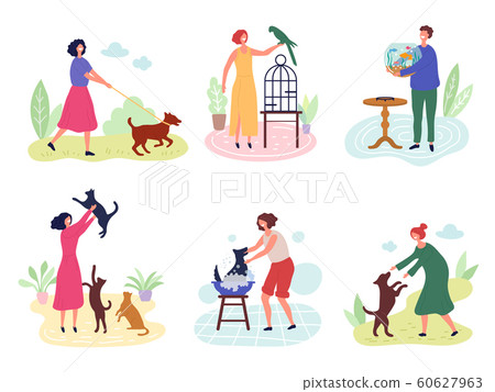 People with pets. Dog cats fishes birds rabbits love for domestic animals vector characters