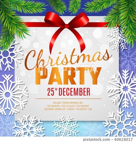 Christmas party card. Invitation template with decorative snowflakes holiday vector background with place for text 60628017