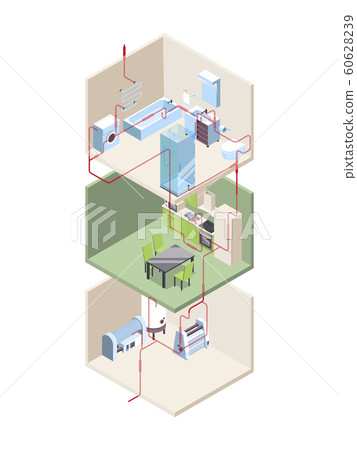 Pipes installation. House crossection with hot and cold water pipes modern systems vector isometric 60628239