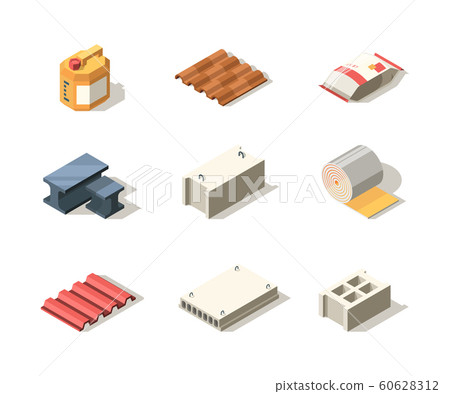 Construction materials. Pile bitumen sack sand roofing slab wall decoration vector isometric collection for builders 60628312