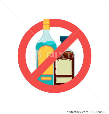 Stop alcohol sign. Alcoholic drink, beer in red prohibition symbol. No alcoholism vector illustration Stop alcohol sign. Alcoholic drink, beer in red prohibition symbol. No alcoholism vector illustration 60628402
