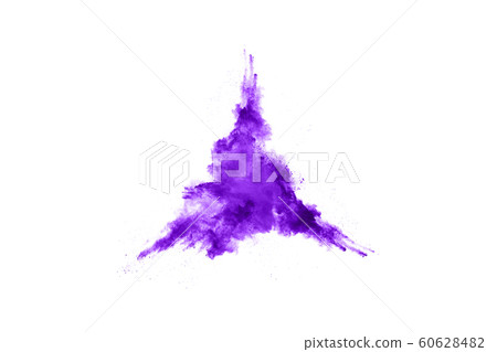 Powder explosion. Closeup of a purple dust particle explosion isolated on white. Abstract background. Powder explosion. Closeup of a purple dust particle explosion isolated on white. Abstract background. 60628482