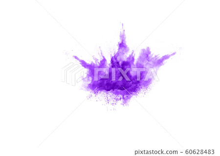 Powder explosion. Closeup of a purple dust particle explosion isolated on white. Abstract background. 60628483