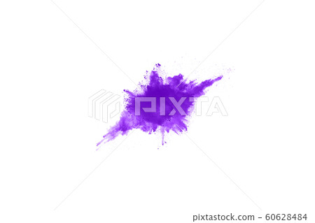 Powder explosion. Closeup of a purple dust particle explosion isolated on white. Abstract background. Powder explosion. Closeup of a purple dust particle explosion isolated on white. Abstract background. 60628484