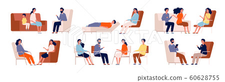 Psychologist. Group therapy couch talking medical consultant sitting family consulting vector characters Psychologist. Group therapy couch talking medical consultant sitting family consulting vector characters 60628755