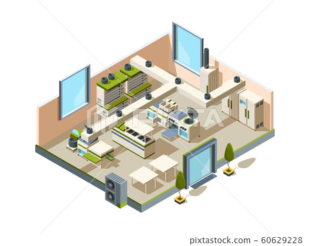 Restaurant kitchen. Cafe interior with furniture equipment for cooking and making food steel tables refrigerators ovens vector isometric 60629228