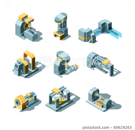 Industry machines. Machinery production working factory equipment grinder crane saw vector heavy industry isometric pictures Industry machines. Machinery production working factory equipment grinder crane saw vector heavy industry isometric pictures 60629263