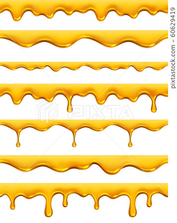 Honey dripping seamless. Yellow golden natural product honey splashes realistic syrup liquid oil vector patterns collection 60629419
