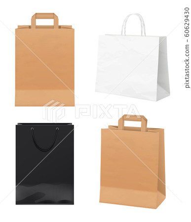Paper bags. Empty store packages white black and craft paper merchandising identity bags vector realistic mockup 60629430