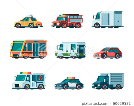 Flat cars. City traffic municipal vehicle fire ambulance police post office taxi truck bus and collector car vector orthogonal pictures Flat cars. City traffic municipal vehicle fire ambulance police post office taxi truck bus and collector car vector orthogonal pictures 60629521