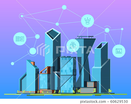 Smart city. Skyscrapers in urban landscape high technology environment wireless cityscape vector background picture Smart city. Skyscrapers in urban landscape high technology environment wireless cityscape vector background picture 60629530