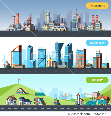 Town flat. Ecology industrial smart city architectural objects different buildings factory vector horizontal illustrations Town flat. Ecology industrial smart city architectural objects different buildings factory vector horizontal illustrations 60629532
