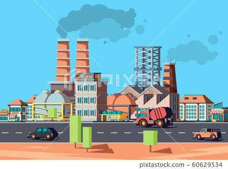 Industry city. Factory buildings in urban landscape flat vector facade of houses Industry city. Factory buildings in urban landscape flat vector facade of houses 60629534