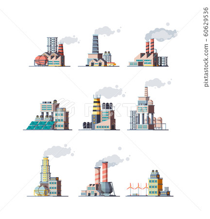 Factory. Industrial buildings smoke modern plants vector flat illustrations 60629536