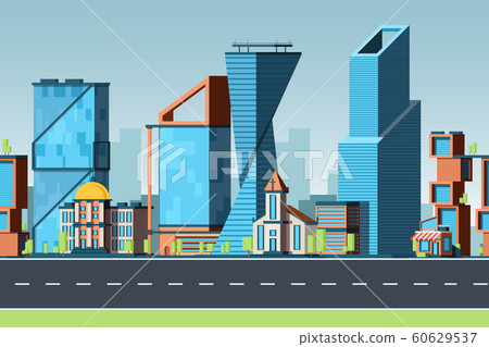 Seamless city. Urban landscape with buildings and office cityscapes with street traffic vector panorama 2d game pattern Seamless city. Urban landscape with buildings and office cityscapes with street traffic vector panorama 2d game pattern 60629537