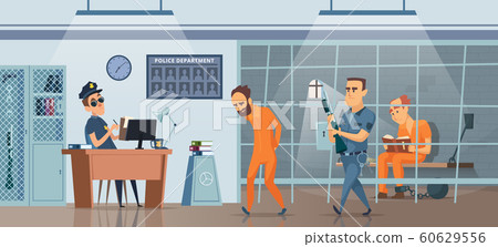 Police department. Male policeman at his work space cabinet and room for prisoners vector picture Police department. Male policeman at his work space cabinet and room for prisoners vector picture 60629556