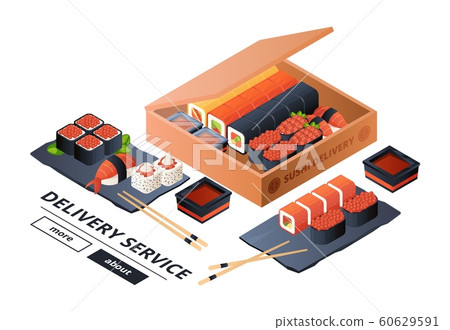 Sushi delivery service vector banner template. Isometric sushi, asian dinner for two illustration 60629591