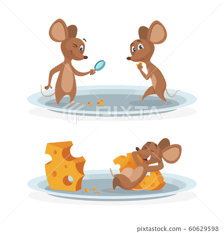 Cartoon mice on cheese plate vector illustration. Mouse with cheese isolated on white background 60629598