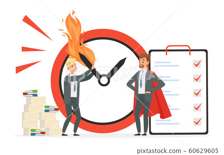 Smart time management vs chaos vector concept. Deadline illustration with cartoon character men Smart time management vs chaos vector concept. Deadline illustration with cartoon character men 60629605