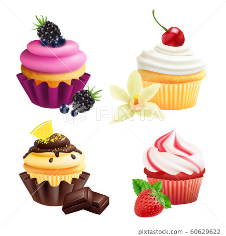Cupcakes collection. Realistic muffins with cream, fruits, vanilla, chocolate. Vector cupcakes isolated on white background 60629622