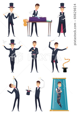 Magician. Male performer showmen in black costume and white gloves magic tricks vector cartoon characters Magician. Male performer showmen in black costume and white gloves magic tricks vector cartoon characters 60629814
