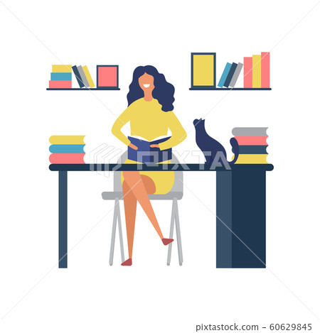 Reading book hobbies. Woman sitting at table and reading magazine vector concept Reading book hobbies. Woman sitting at table and reading magazine vector concept 60629845