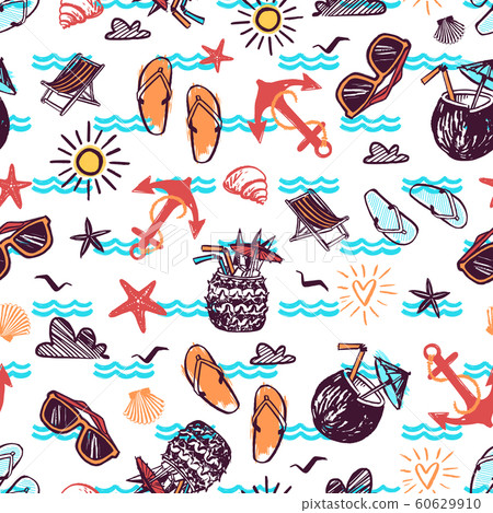 Summer seamless pattern with hand drawn vector elements - sunglasses, flip flops, anchor, sea shells Summer seamless pattern with hand drawn vector elements - sunglasses, flip flops, anchor, sea shells 60629910