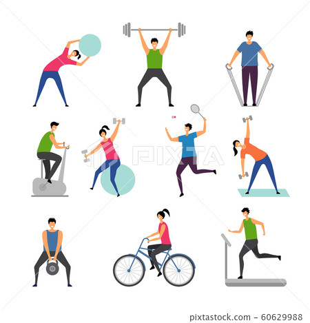Sport activities. Characters outdoor making some exercises active people running man gymnastics fitness vector pictures Sport activities. Characters outdoor making some exercises active people running man gymnastics fitness vector pictures 60629988