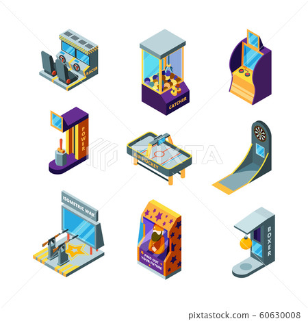 Game machines. Amusement park fun for kids arcade racing pinball drive game automat vector isometric 60630008