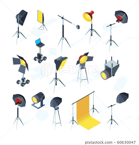 Photo studio tools. Video or tv production equipment flashing and directional light umbrella softbox photo studio vector tools 60630047