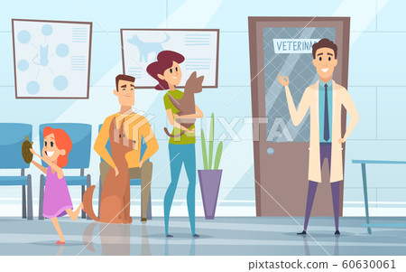 Professional veterinarian. Pets with their owners in reception at the vet clinic vector background Professional veterinarian. Pets with their owners in reception at the vet clinic vector background 60630061