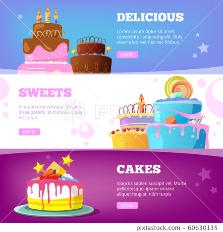 Cake banners. Birthday baking products with syrup chocolate vanilla wedding cakes vector cartoon illustrations Cake banners. Birthday baking products with syrup chocolate vanilla wedding cakes vector cartoon illustrations 60630135