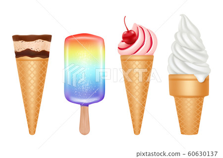 Ice cream. Frozen dessert in hot summer vanilla strawberry and chocolate ice cream with toppings vector realistic collection 60630137